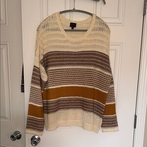 Mod Lusive Cream and Brown Striped Oversized Open Knit Sweater w/ Mustard Accent